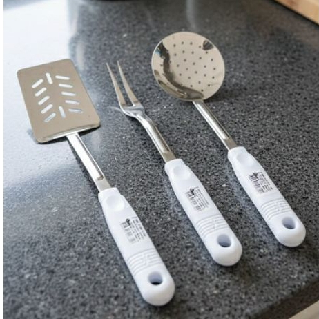 Kit 3 Utensílios de Cozinha Inox Viel Escumadeira Garfo de Churrasco Espatula Vazada