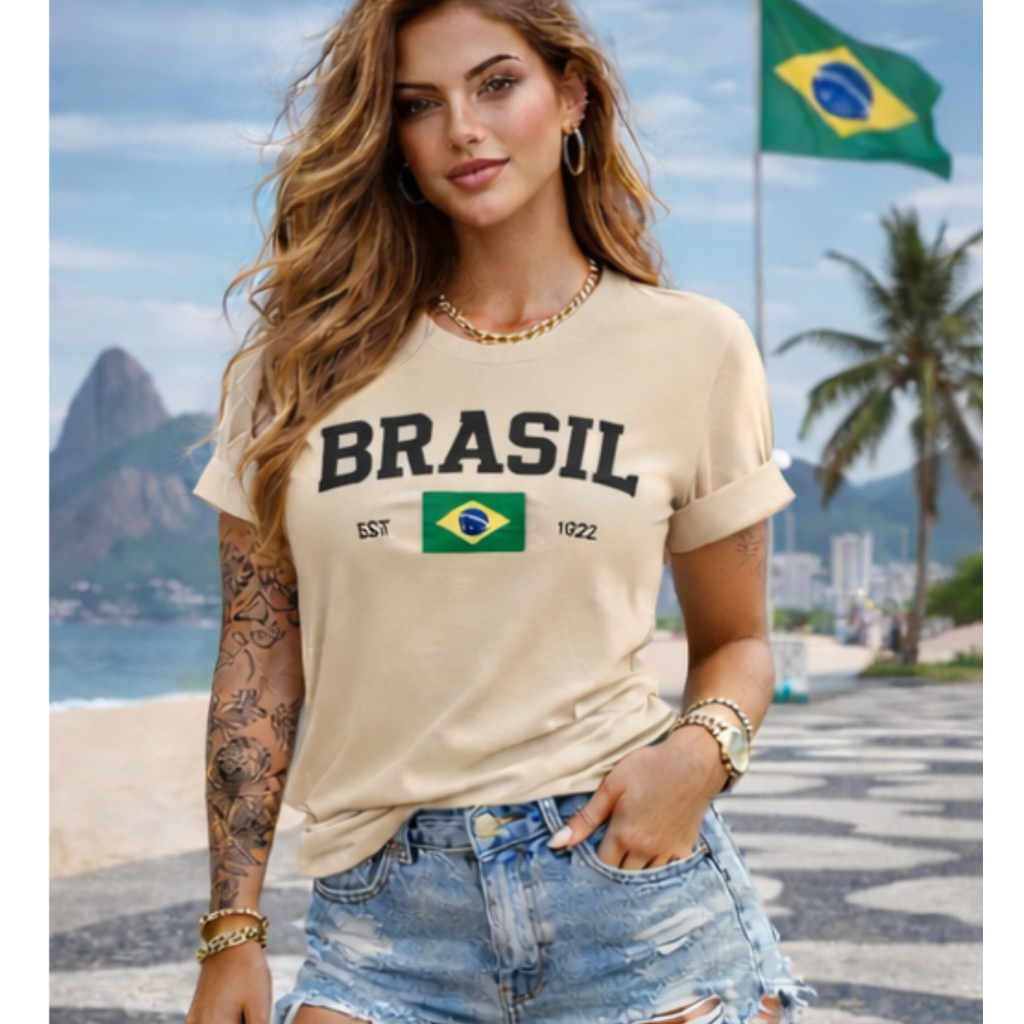 T-shirt Baby Look Feminina Brasil Copa do Mundo Futebol Casual Algodão Blusa Camiseta Premium 2026