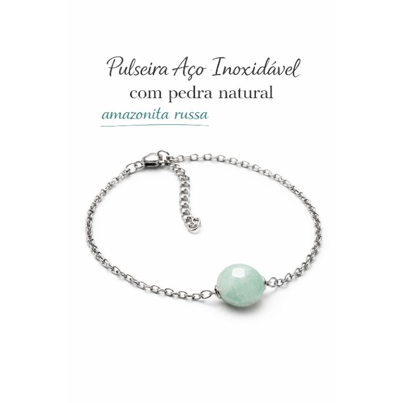 Pulseira Feminina Aço Inoxidável  Pingente de Pedra Natural Amazonita Russa, Antialérgico, Não Escurece.