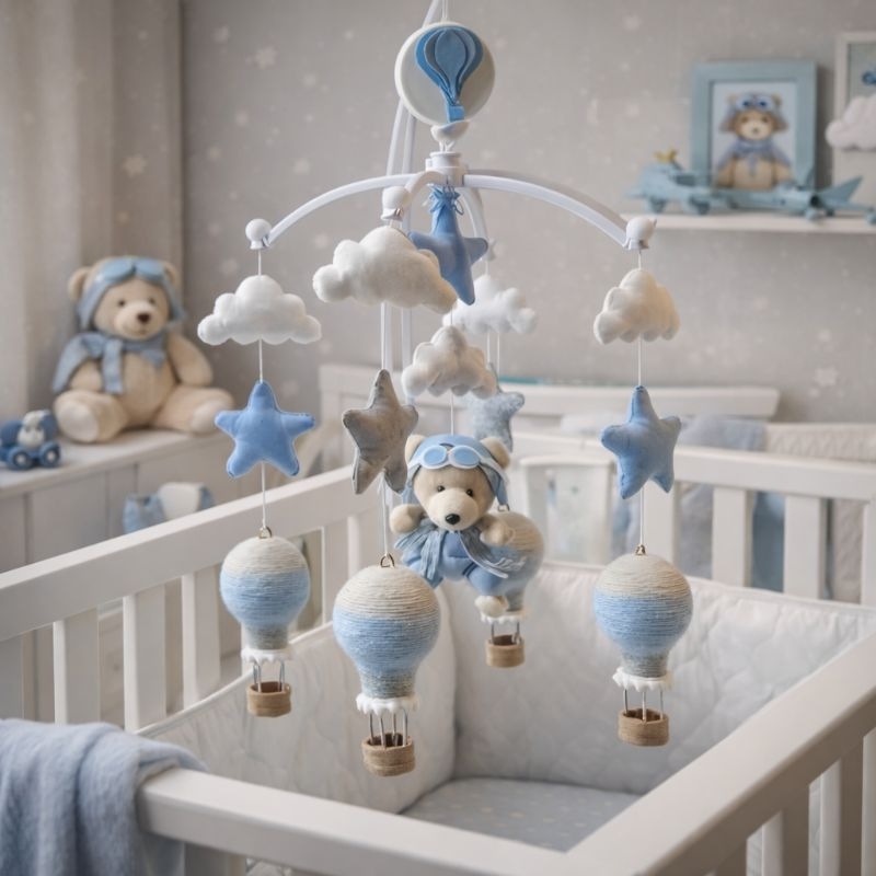 mobile musical giratório com urso aviador azul bebê nuvem estrela