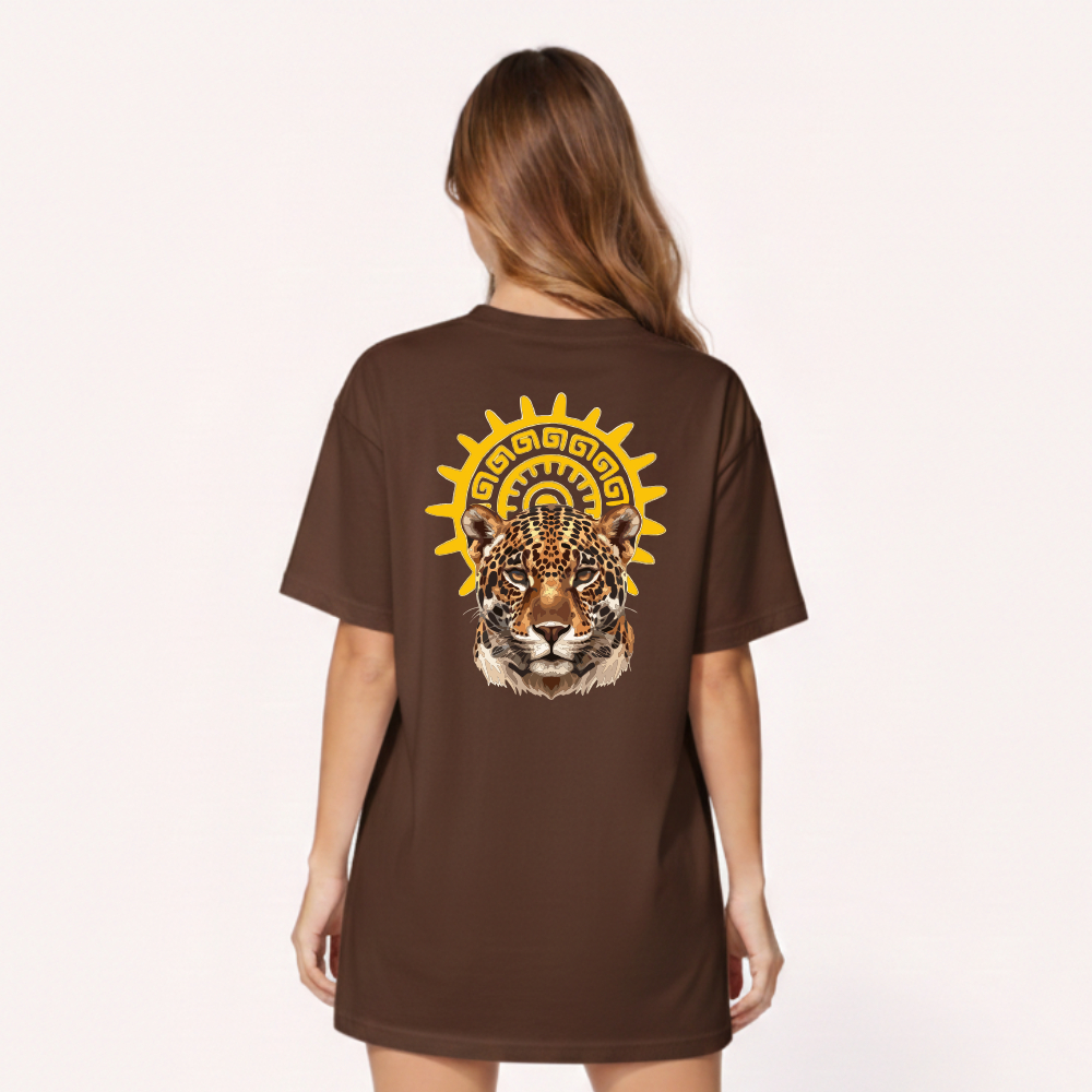 Camiseta Oversized Feminina Varias Cores Estampa Exclusiva Onça e Sol Boho Streetwear Algodão Premium Confortavel
