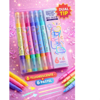 MARCA TEXTO 6 CANETAS PONTA DUPLA 12 CORES FLUORESCENTES INTENSAS E PASTEL DELICADOS em Oferta na Shopee