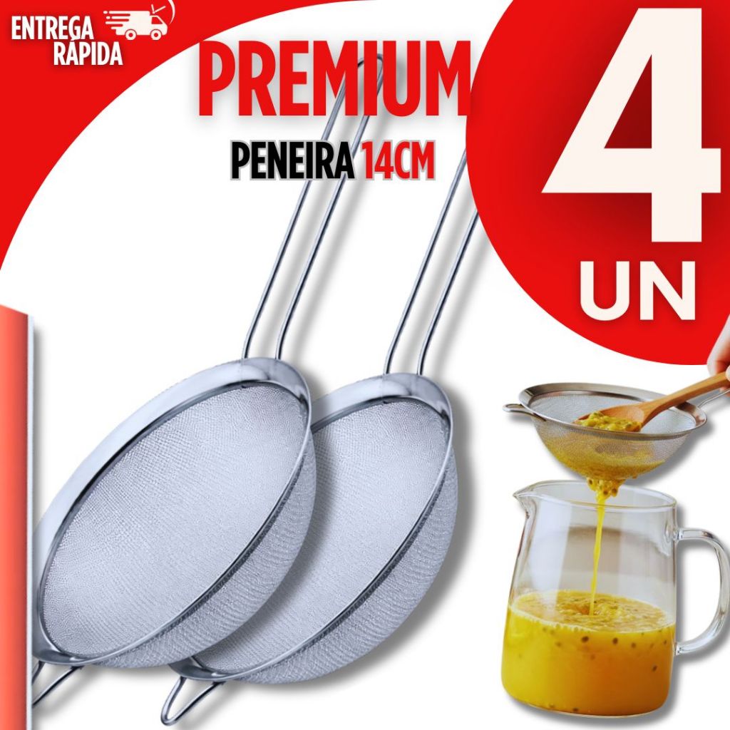 KIT 4 Peneiras Coador de Metal 14CM  Peneira Cozinha Premium Utilidades Qualidade Buffet Culinária