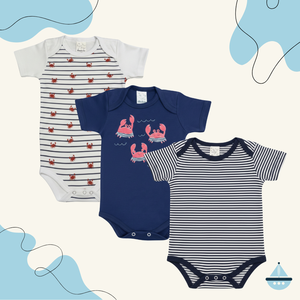 Kit 3 Body Bebê Manga Curta Menino Algodão Estampa Mar Carangueijo Confortável Petutinha Moda Verão
