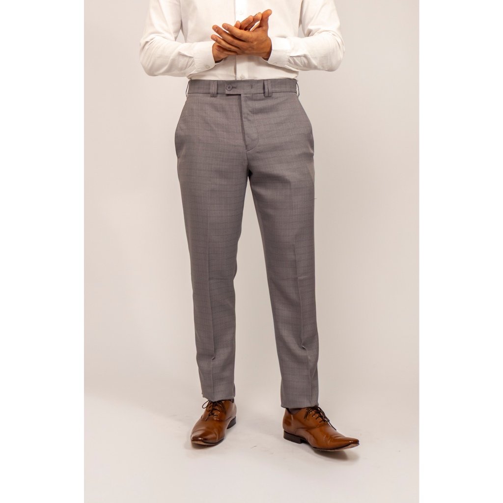Calça Social Masculina Alfaiataria Slim Cinza Claro , Tecido Microfibra Xadrez e Cós transpassado, Sem barra
