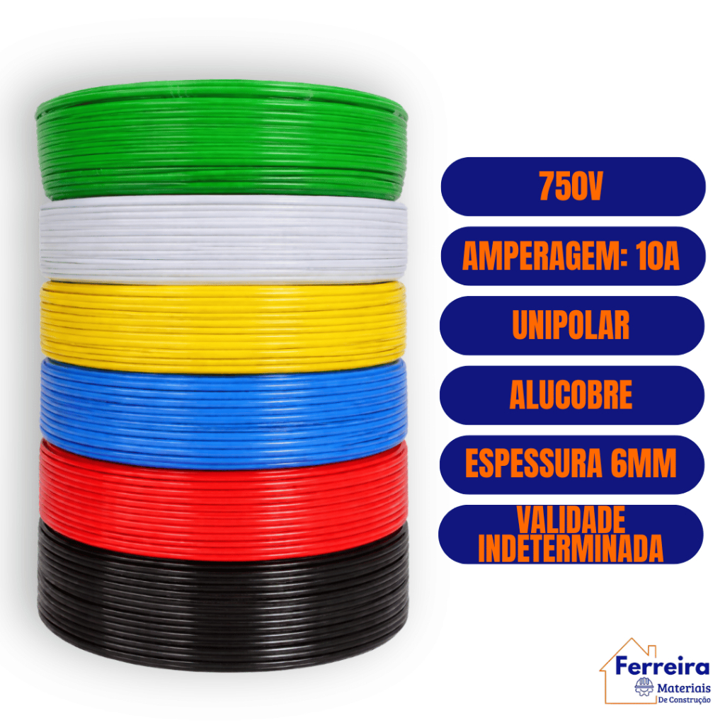 Cabo Elétrico 25/50/100 Metros 6mm Fio Flexível Antichamas 750V