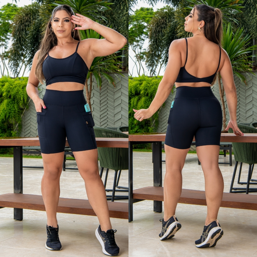 Conjunto Fitness Feminino Short com Bolso Cós Alto + Top Bojo Alta Compressão Suplex Zero Transparência