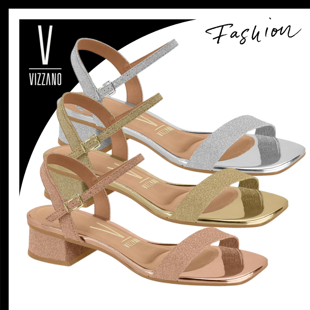 Sandália Salto Grosso Baixo Feminina Vizzano Brilhante Metalizada Macia Confortável Festa Eventos em Oferta na Shopee