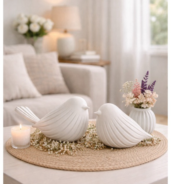 Enfeite Casal de Passarinhos Decoração Branco Preto Nude Objeto Decorativo Rack Sala