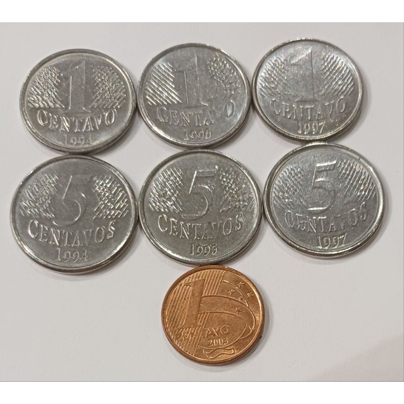 3 moedas de 1 centavo  de 94,96e97 e 3 de 5 centavos de 94,95e97 mbc brinde uma moeda de 1 centavo de 2003