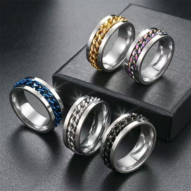 Anel Corrente Giratória Prata ou Dourado de Aço Inoxidável Premium 6mm Masculino e Feminino