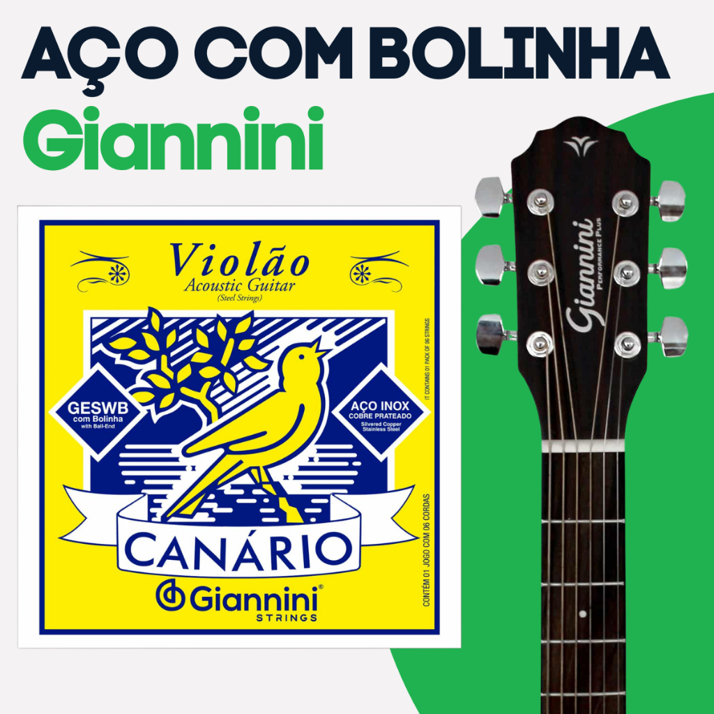 Imagem Encordoamento Giannini Com Bolinha Canário Geswb Encordoamento Violão Aço 011 Corda de Violão de Aço