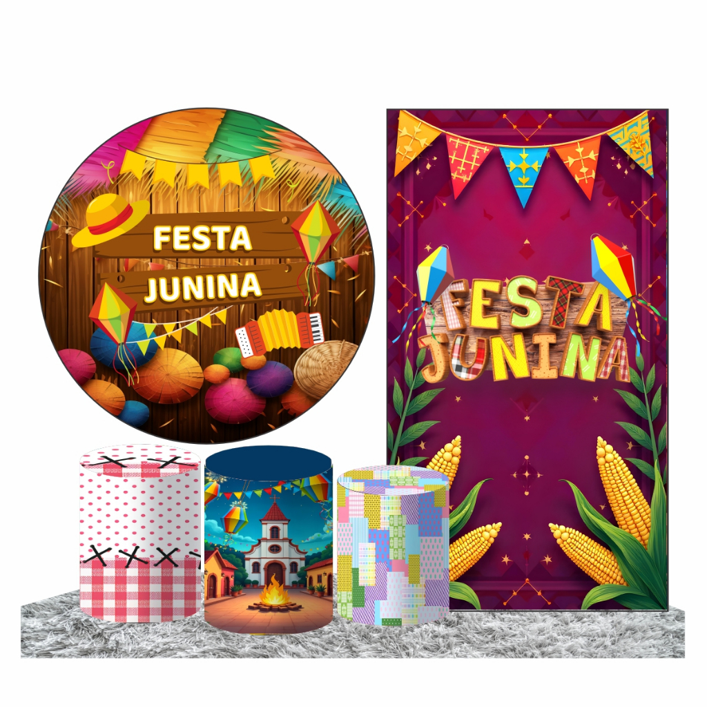 Kit Casadinho Painel Redondo 1,50 + Capa Trio de Cilindros Padrão + Lateral 1,50x2,00 Tema Festa Junina