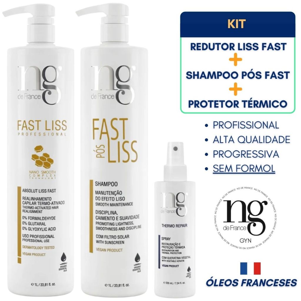 Ng De France Kit Absolut Fast Liss 1L + Protetor Térmico Spray Thermo 200ml + Shampoo Pós Fast 1L