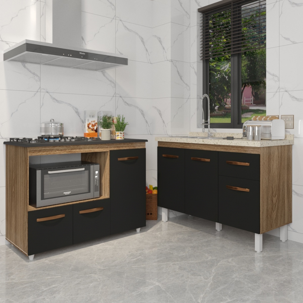 Gabinete Cozinha Armário Balcão de Pia 120 cm Aline e Balcão para Fogão Cooktop 5 Bocas e Forno Alana Savana Preto