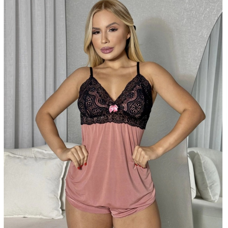Baby Doll Feminino Rosa Seco Liganete com Renda Sem Bojo Alça Regulável Conjunto Blusa e Short