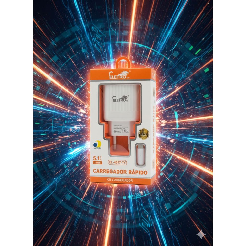 Carregador Rápido 5.1A EletrO EL-4017-TY Turbo Power 2 USB + Cabo Tipo C V8 Lightning iPhone Android Universal Bivolt 11