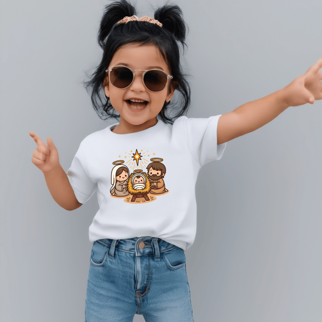 Camiseta Infantil Estampada Criança 100% Básica Manga Curta Unissex Masculina e Feminino Básica Nascimento De Jesus