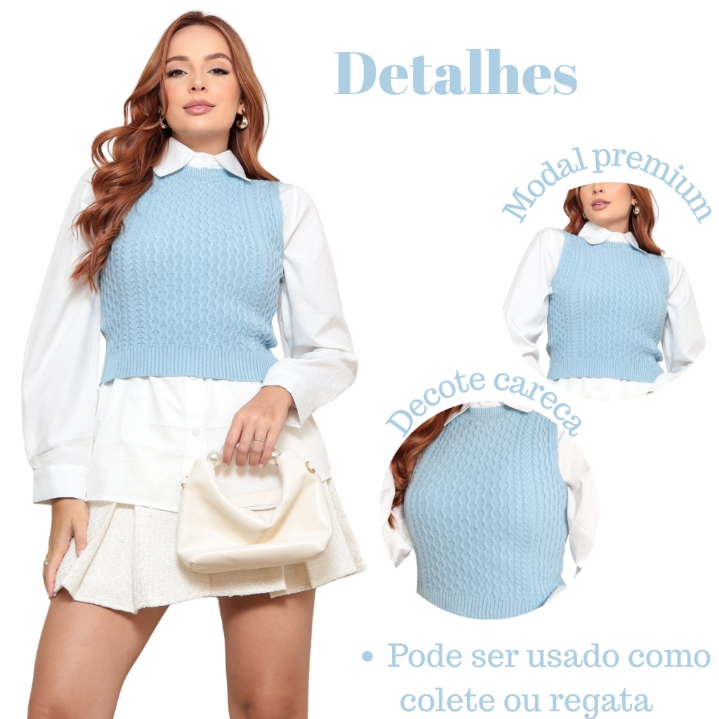Colete Trança Tricot Modal Feminino | Tendência Inverno 2026 | Gola Careca | Tamanho Único 36-42 — imagem 2 de 2