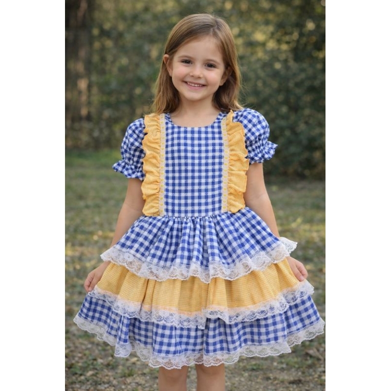 Vestido Infantil Xadrez Festa Junina Luxo com Renda – Vestido Caipira Menina Rodado Azul , Amarelo 8 Anos envio imediato