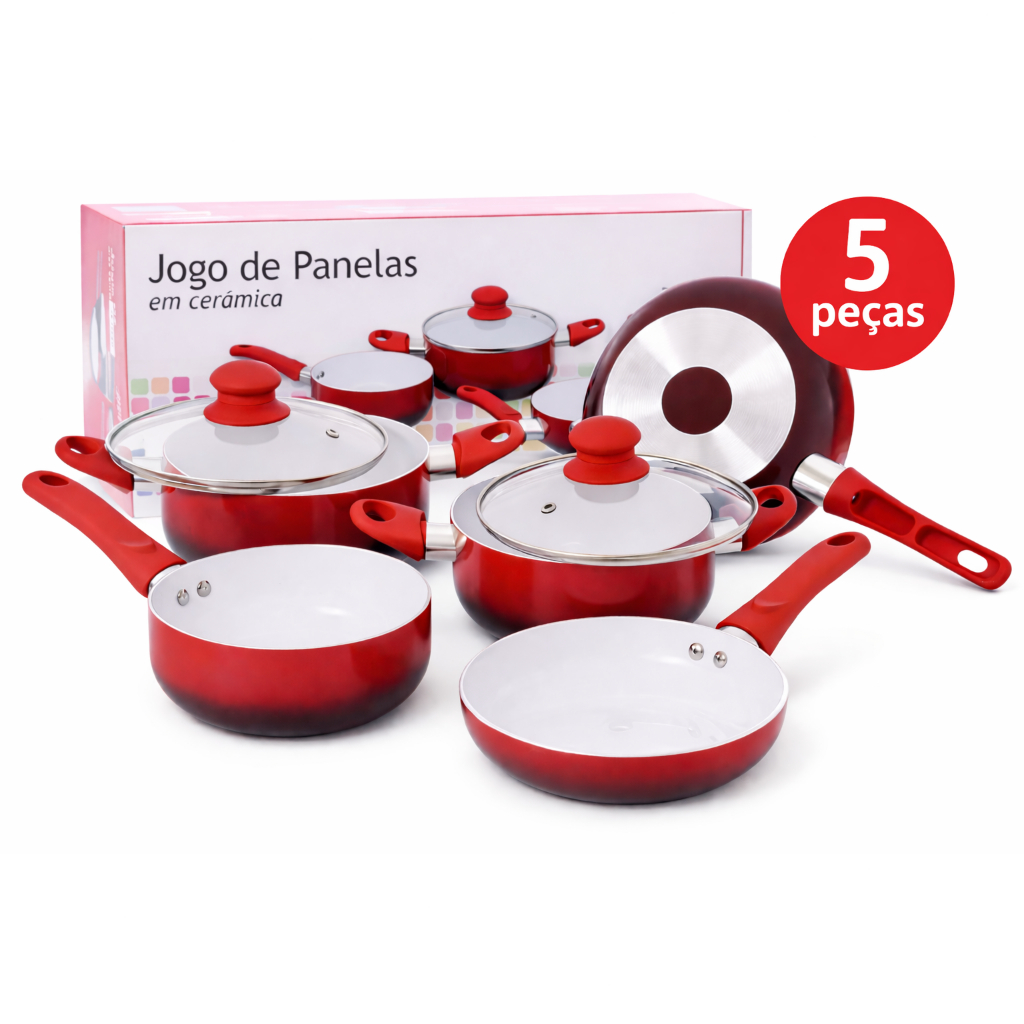 Kit Jogo de Panelas Wincy 5 Peças em Cerâmica Antiaderente Vermelho com Tampa de Vidro Temperado