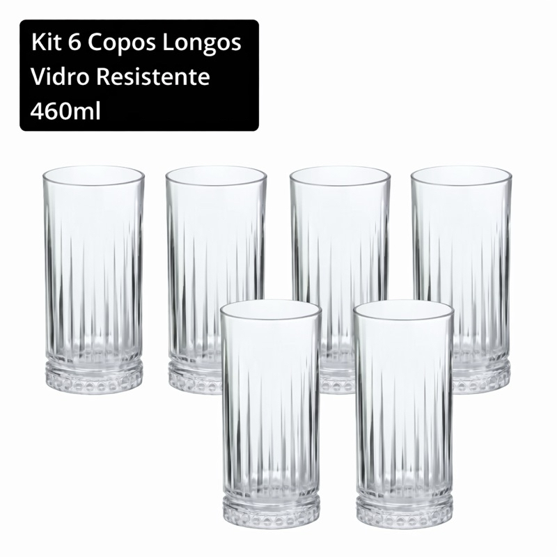 Kit 6 Copos  Longos Vidro drink suco agua decorado de Vidro Longo 460ml Vidro Grosso Boca Larga em Oferta na Shopee