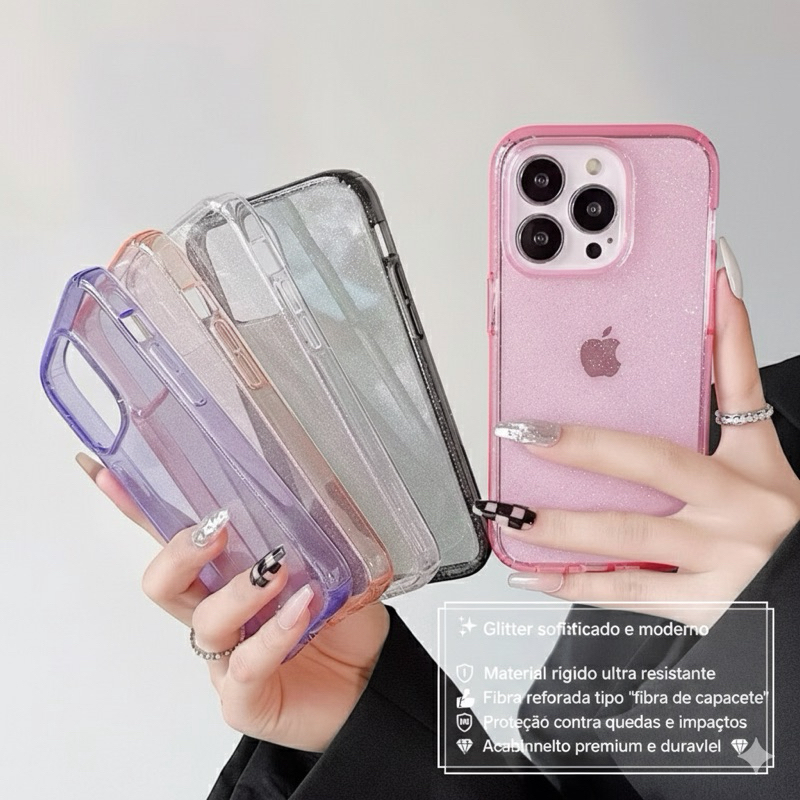 Capinha Capa case Fibra De Capacete Grossa Antipacto Com Gliter Brilho acrilico Capinha Para Iphone 16/16pro/16promax