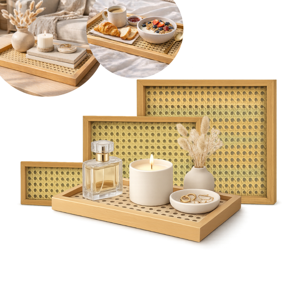 Bandeja Retangular Bambu E Palha Palhinha Kit E Unidade Decorativa Elegante