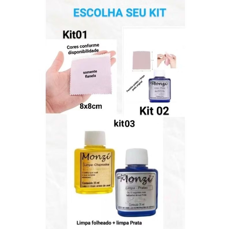kit limpa Prata e folheado Monzi ou Flanela 8x8 Escolha: kit01 kit02 ou kit03