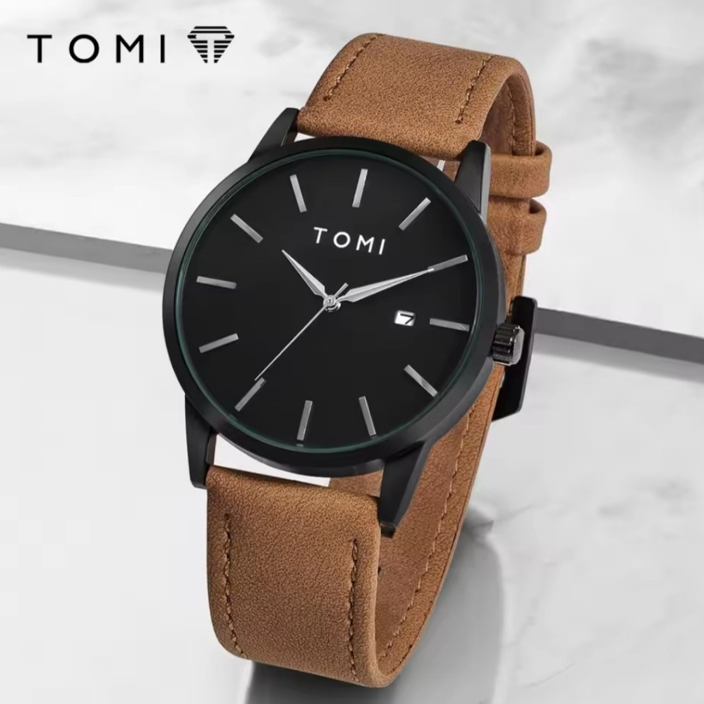 Relógio Masculino Tomi resistente a água couro elegante luxo sofisticado moderno data aço inoxidável