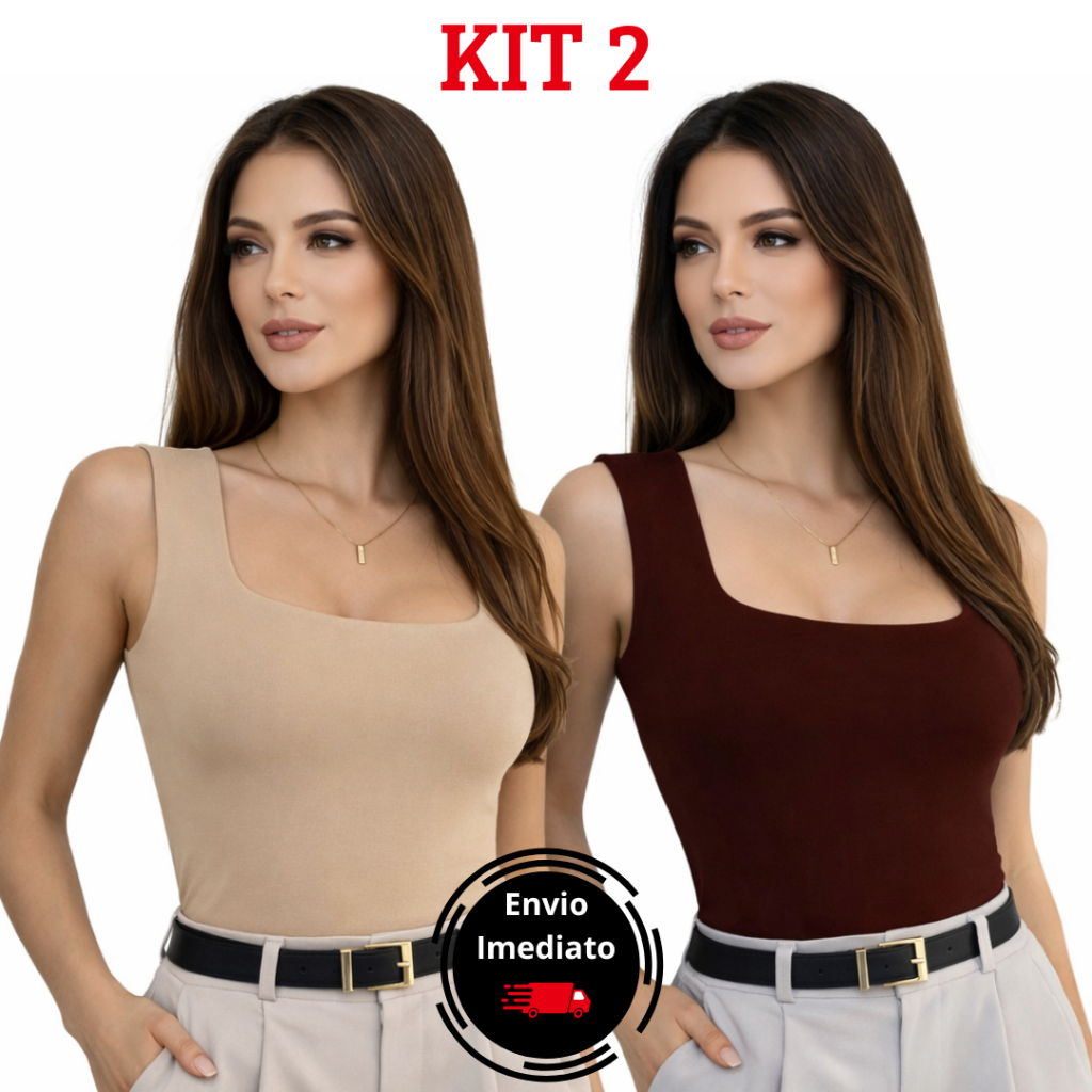 Kit 2 Blusa Regata Decote Quadrado Cropped Suplex Premium Moda Básica Feminina