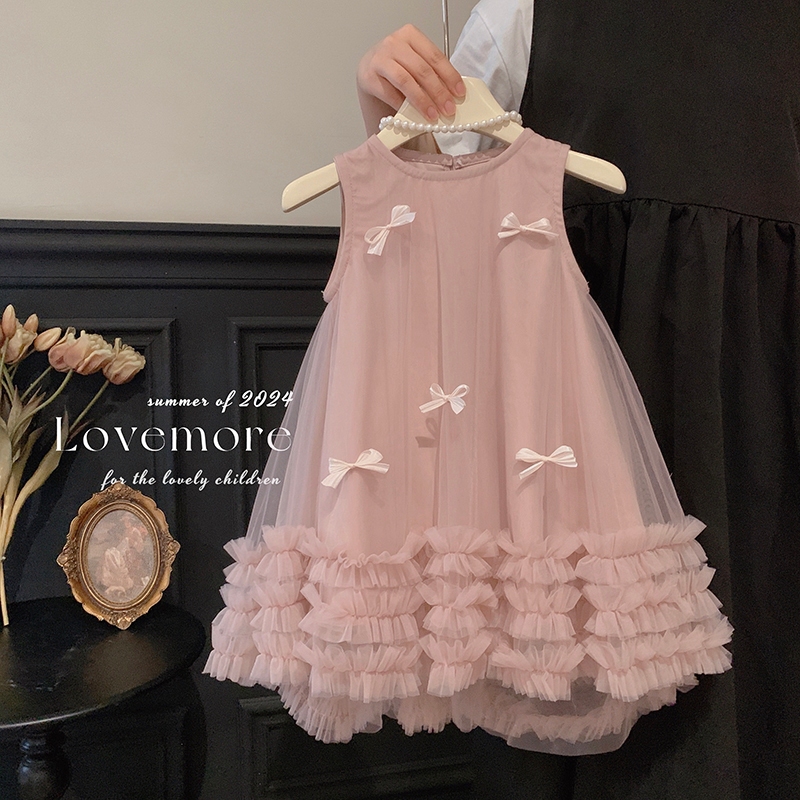 Vestido Infantil sem Mangas com Laço 3D e Saia de Tule Estilo Princesa Doce e Elegante