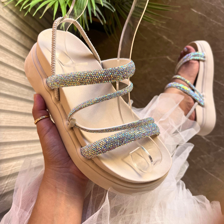Papete Sandália Feminina Elastico Plataforma Alta confortável Strass Luxo Brilhante Branca caramelo em Oferta na Shopee