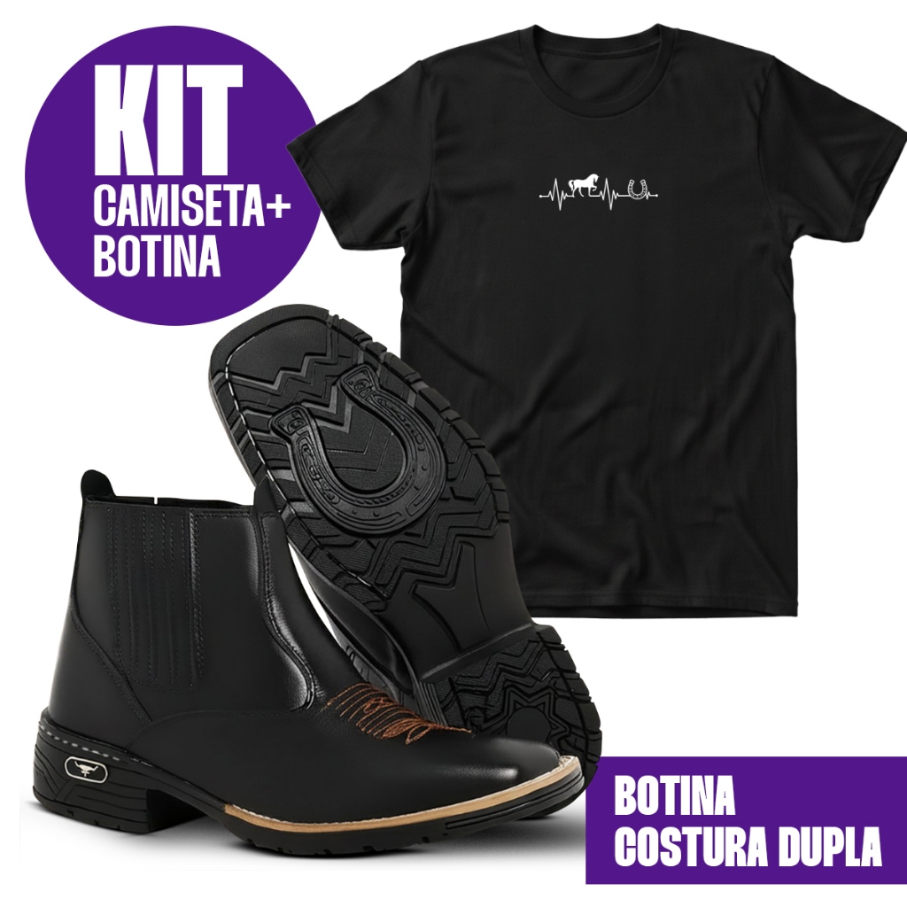 Bota Texana Masculina + Camiseta 100% Algodão Cavalo Country Cowboy Para Festa de Peão Rodeio