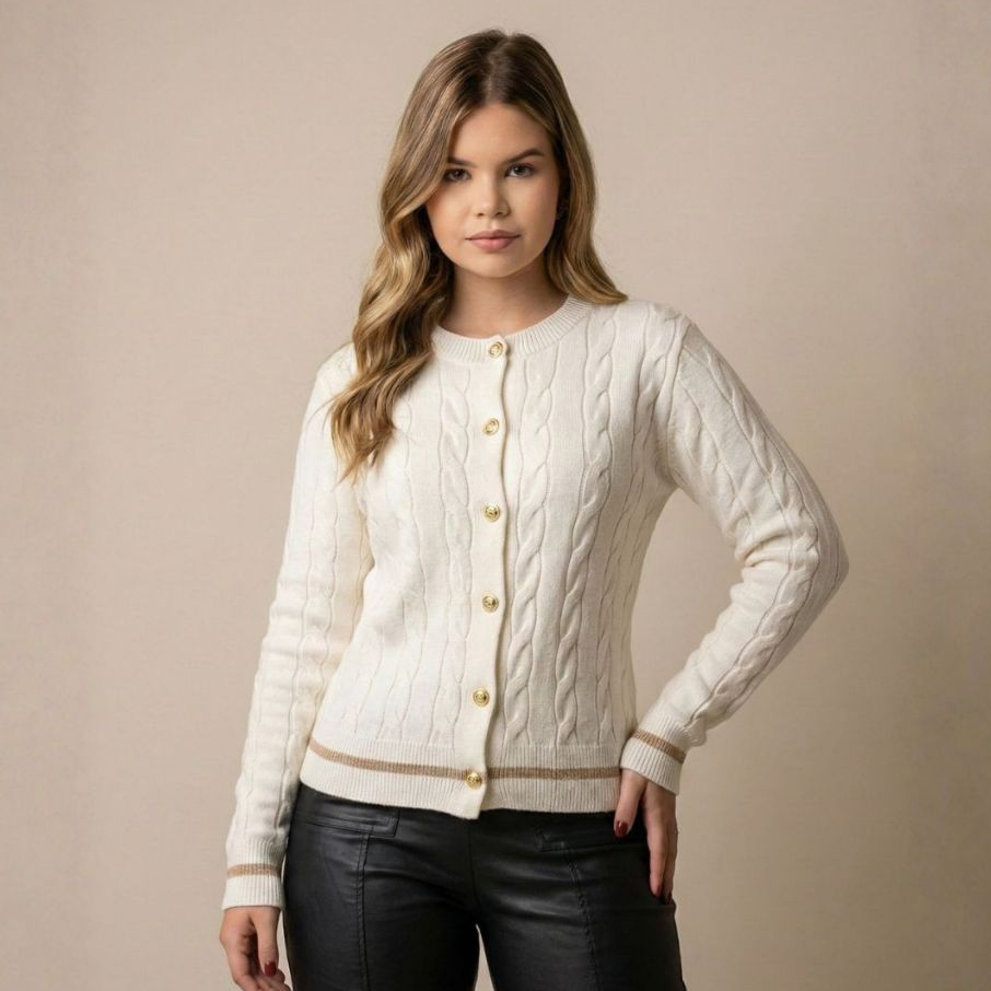 Casaco Feminino Tricô Modal Brilho Lurex Botões Frontais Elegante Confortável