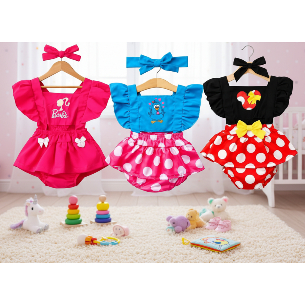 Romper Jardineira Bebe Menina Temática Barbie Minnie Galinha C/ Faixa De Cabelo Mesversario Festa em Oferta na Shopee