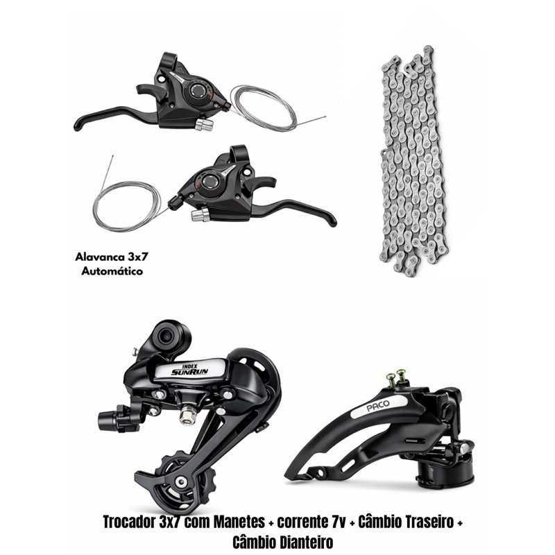 Kit Relação 3x7 21V Mod Shimano Trocador C Manetes + Câmbio Traseiro + Cambio Dianteiro Dual + Corrente 7v Index