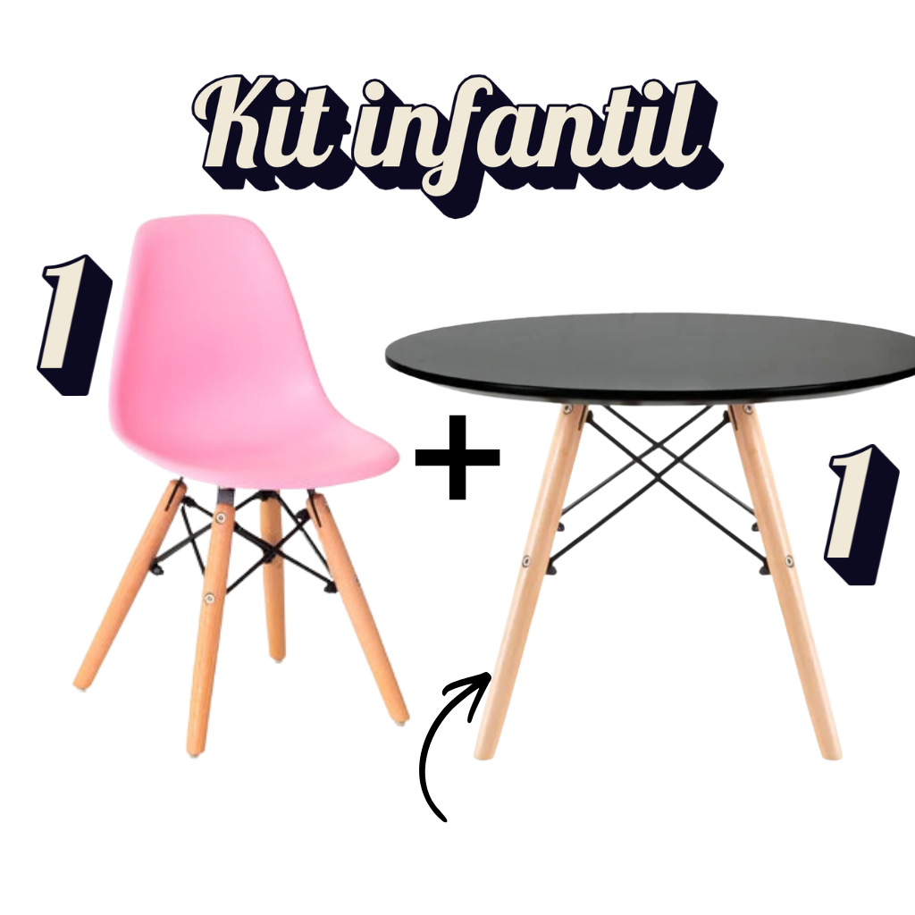 Kit Mesa Infantil Preta + Cadeira Rosa Eiffel Moderna