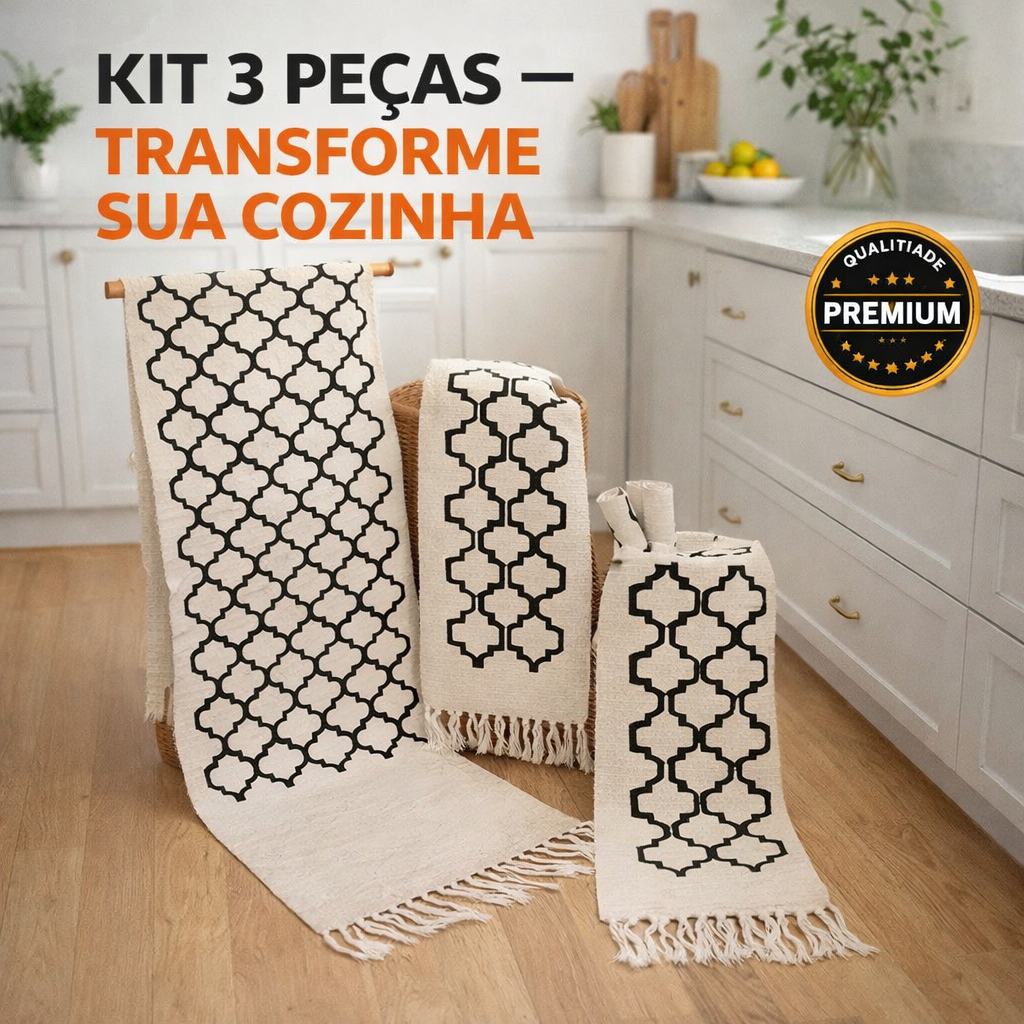 Kit 3 Peças Passadeira Cozinha Tapetes Para Cozinha Geométrica Excelente Qualidade Tecido Grosso Tear Nozinho