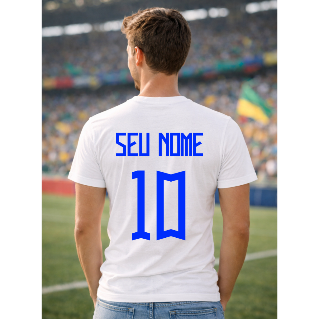 Camiseta personalizada com nome copa do Brasil mundo brasão camisa branca algodão masculina futebol