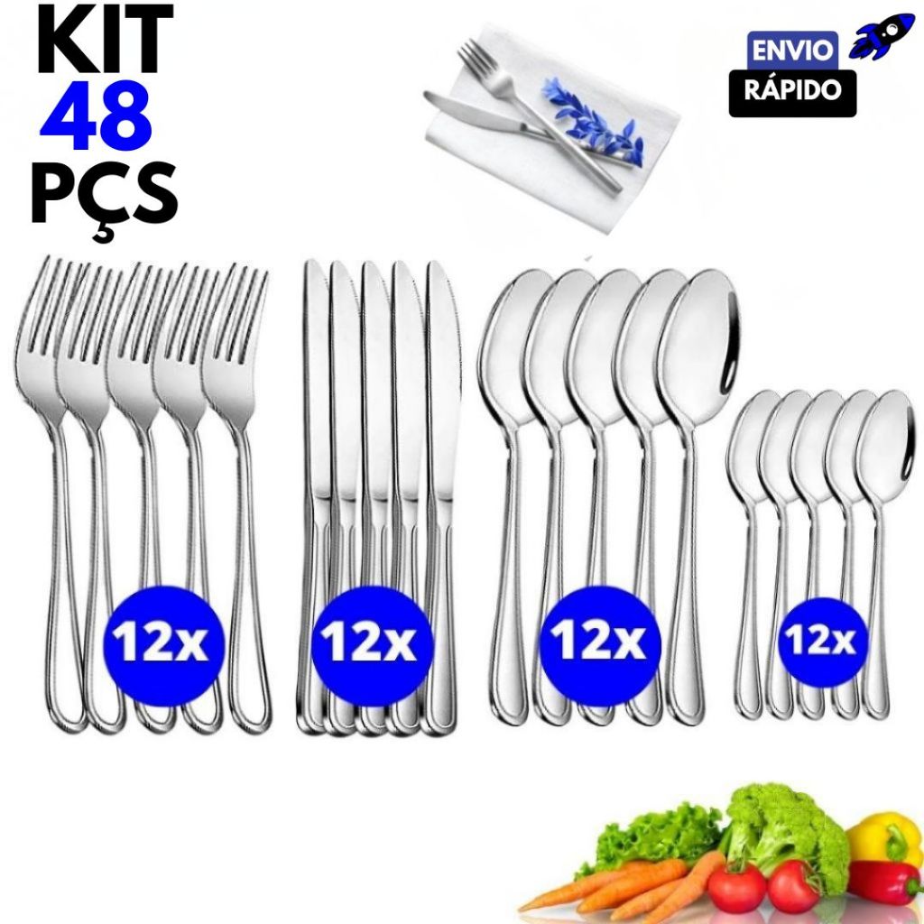 Kit 48 ou 24 Peças Talher em Aço Inox Garfos Colheres Facas Colheres Sobremesa Linha Premium em Oferta na Shopee