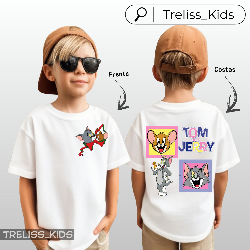 Camiseta Infantil Tom E Jerry Gravata 100% Algodão Frente e Costas Menino