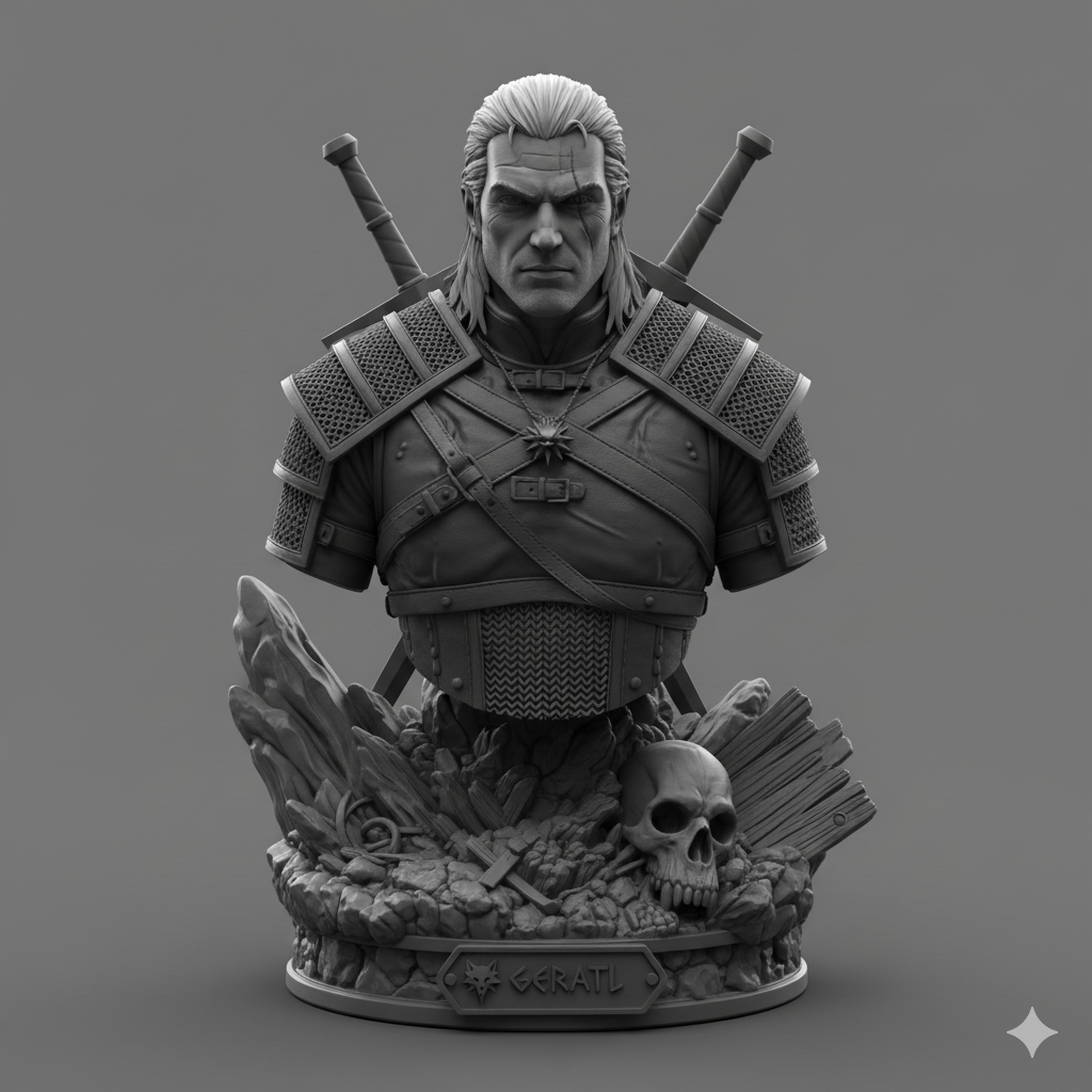 Busto Geralt de Rívia 12cm The Witcher 3 4 Miniatura Colecionável Decorativa Lobo Branco Bruxo