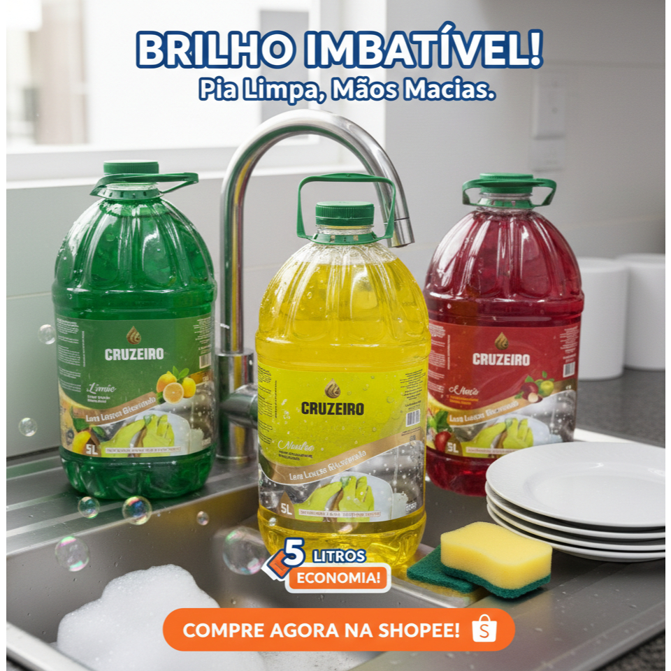KIT 3 Detergente Cozinha Lava Louças 5LT Cruzeiro Alto Rendimento: Limão, Maçã, Neutro