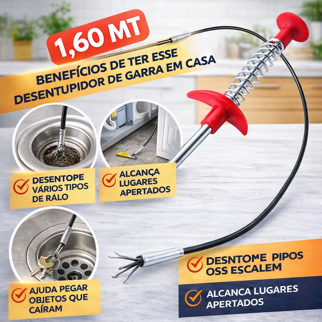 Desentupidor Limpador Pegador Ralo Cuba Pia Vaso Ralo Canos Com Garras Pinça Flexível 1.60mt