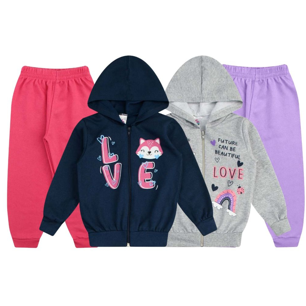 Kit 2 Conjuntos Moletom Infantil Feminino Sortidos – Casaco com Zíper + Calça
