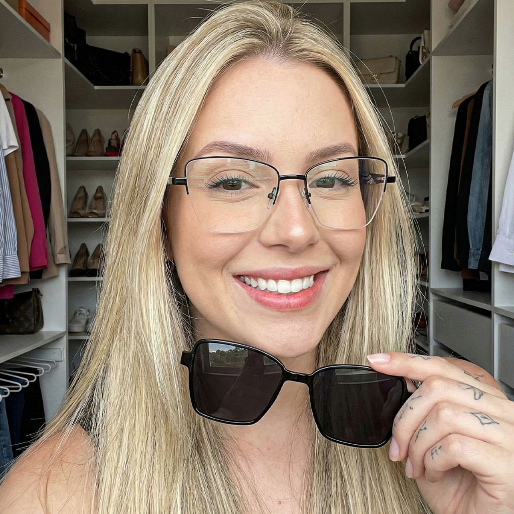Armação Oculos Clip On Feminino 2 em 1 Ilook Gatinho Geométrico Moderno Preto Polarizado UV400 Para Grau Metal