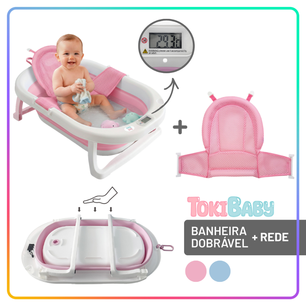 Banheira Bebê Dobrável Com Termômetro Digital Portátil e Compacta 30L + Rede de Proteção Toki Baby em Oferta na Shopee