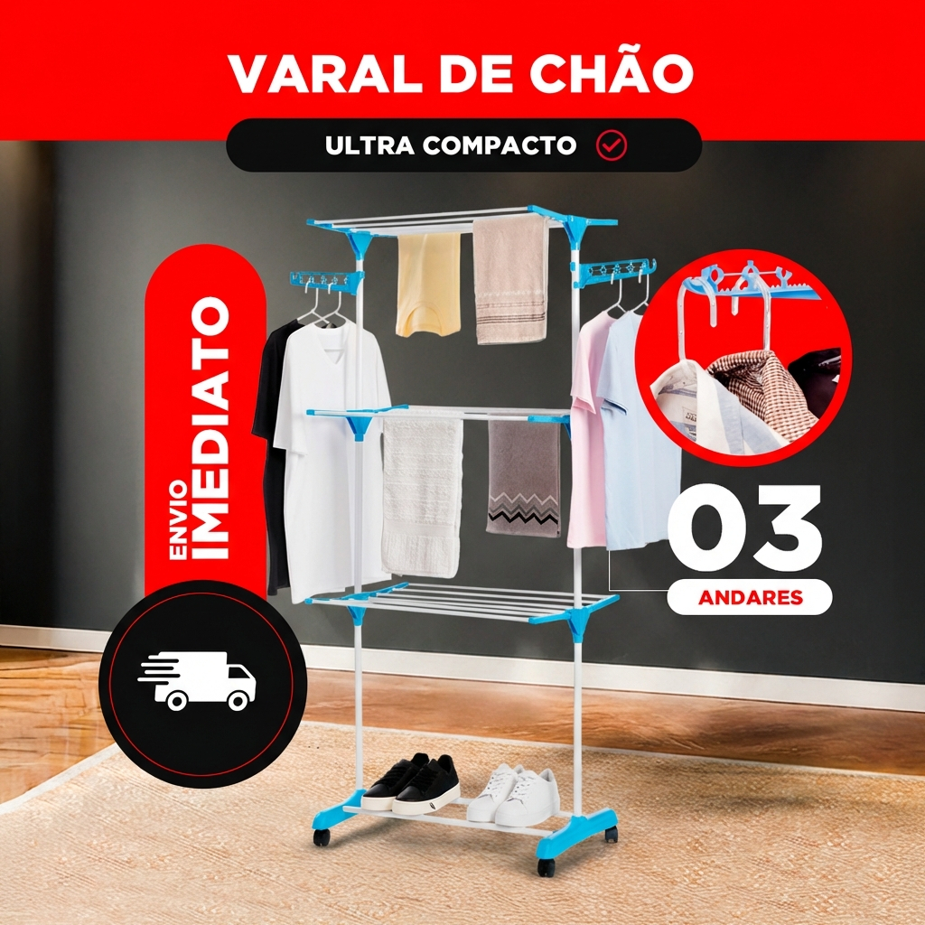 Varal De Chão Roupa Calcinha Prateleiras 3 Andares Dobrável Portátil