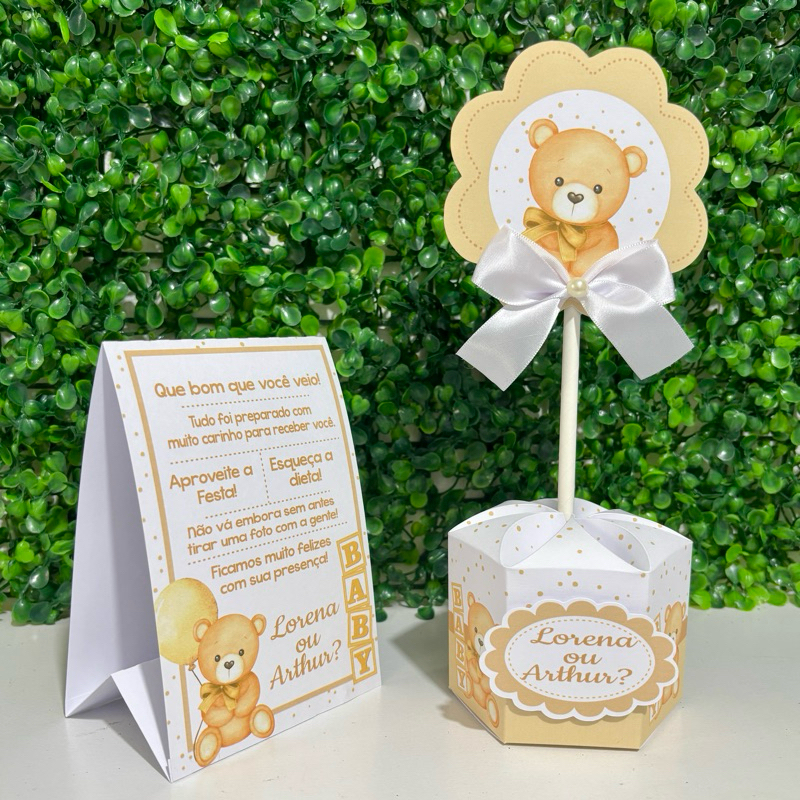 5 a 12 Centros de mesa Chá Revelação Ursinho bebê Bege | Personalizado | plaquinha de agradecimento